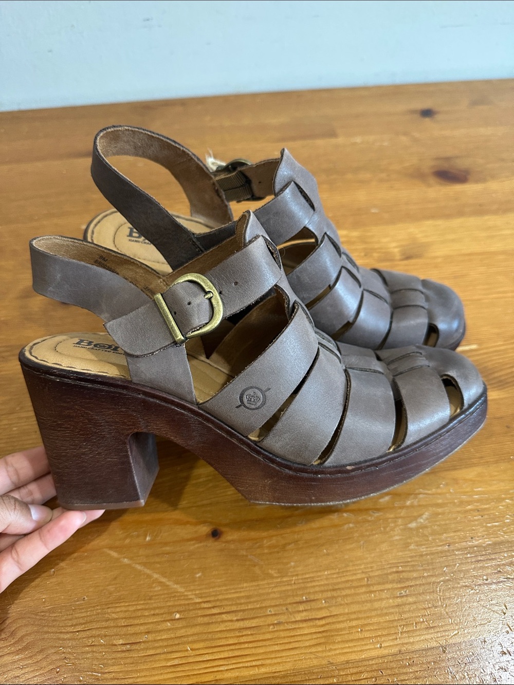 Born Taupe Strappy Leather Platform Heels with Buckle